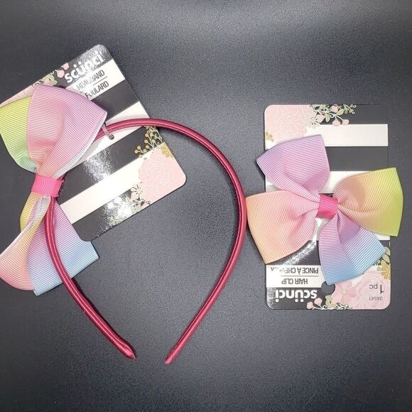 SCUNCI pink headband with rainbow bow with hair clip bow NWT - Picture 1 of 5